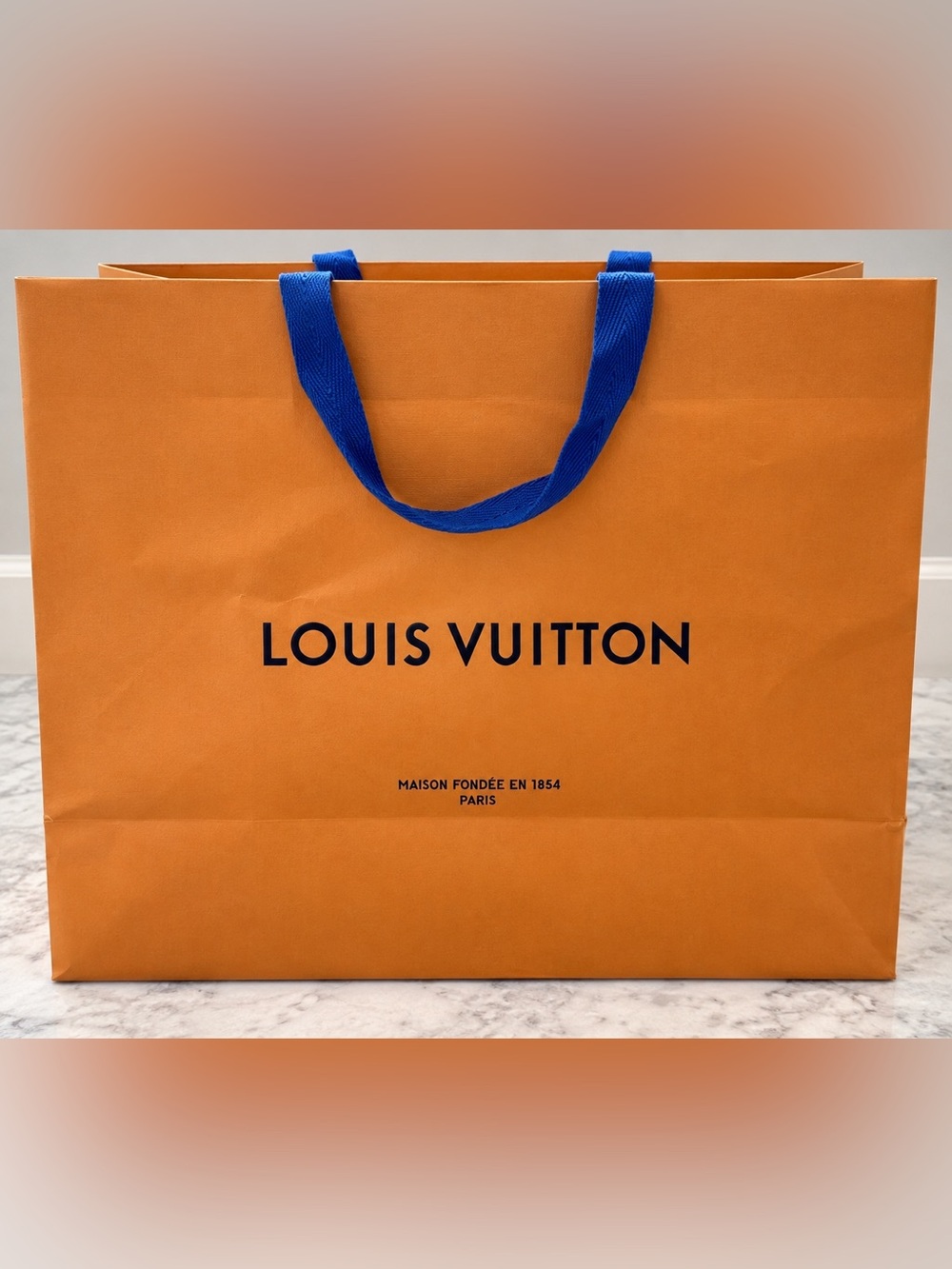 Louis Vuitton Large Orange Shopping Bag Blue Ribbon 16” x 13.5” x 11”